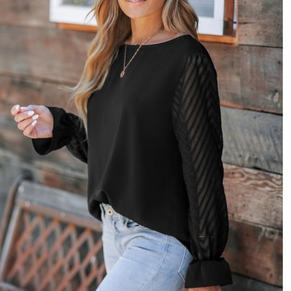 Women's Reversible Boatneck Sheer Poet Sleeve Blouse Black Size XL NWT Romantic - Picture 5 of 11